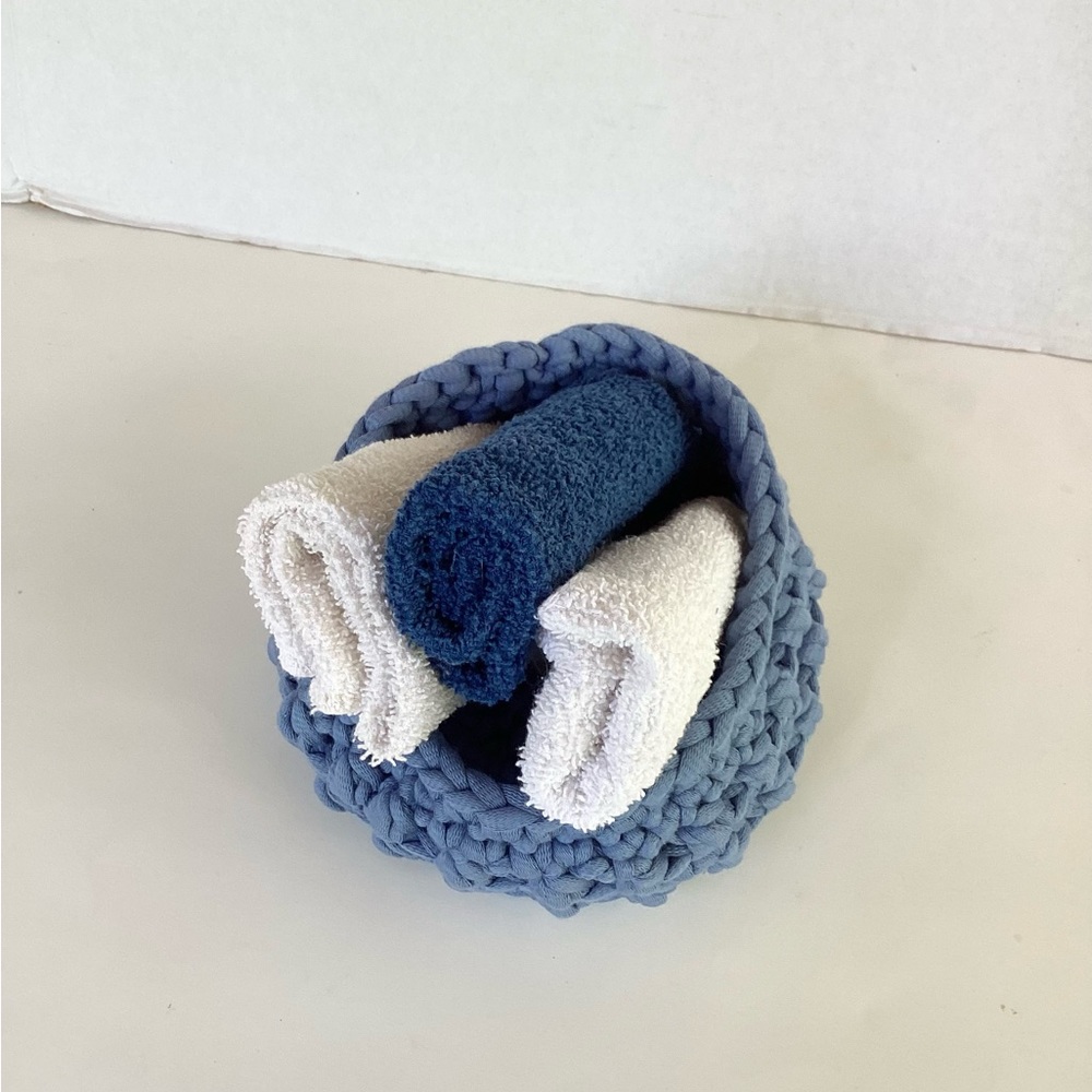 Bowl Lidded Hand Crafted Container Crochet Cotton Denim Blue Boho - Picture 9 of 16